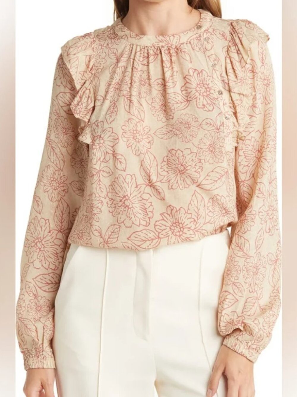 Current Air Floral Ruffle Peasant Blouse Top Tan Rose Cottagecore Prairie XS